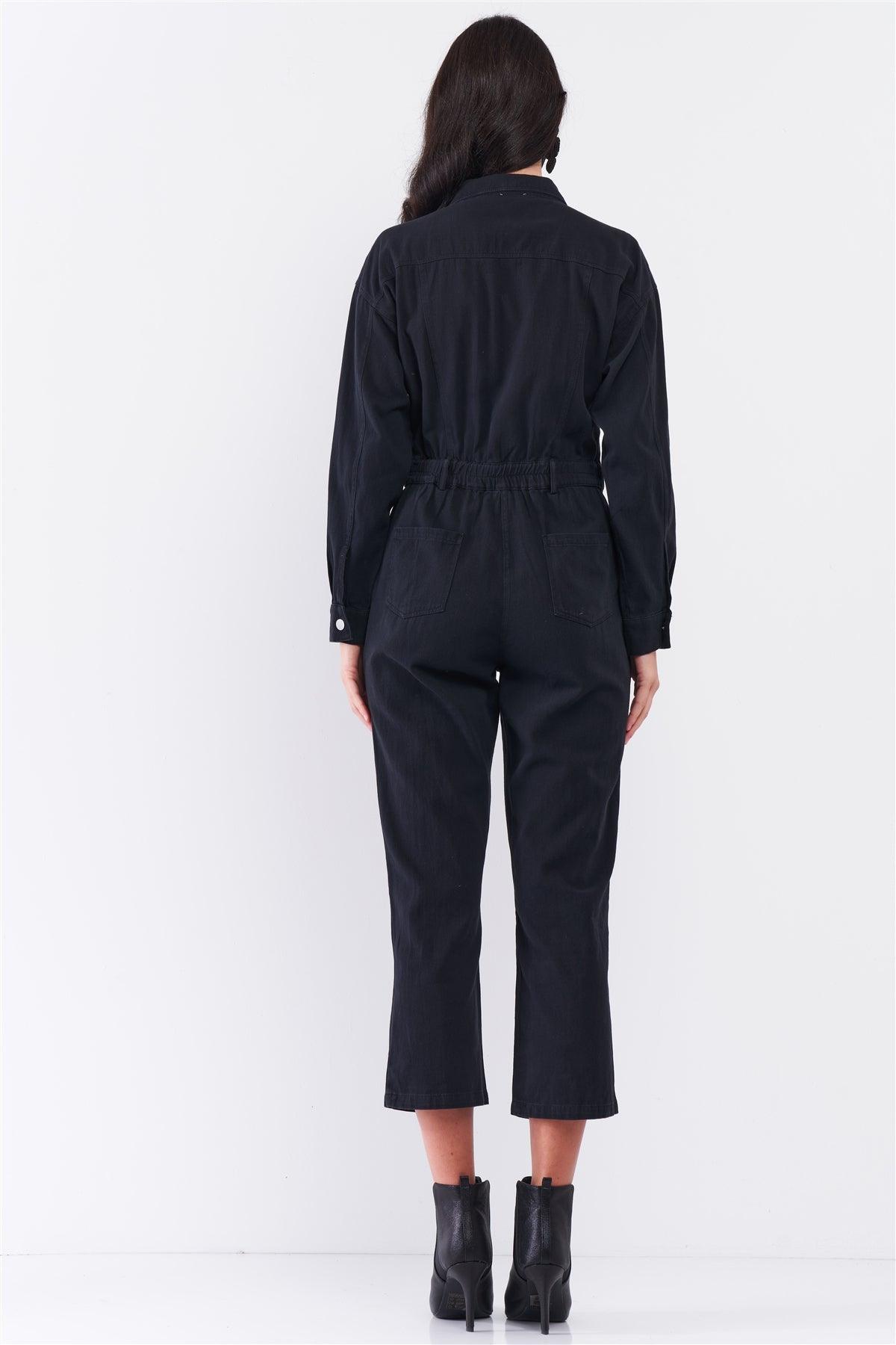 Washed Black Denim Oblique Zip-Up Front Detail Utility Jumpsuit + Black Cloth Mask! /2-2-1