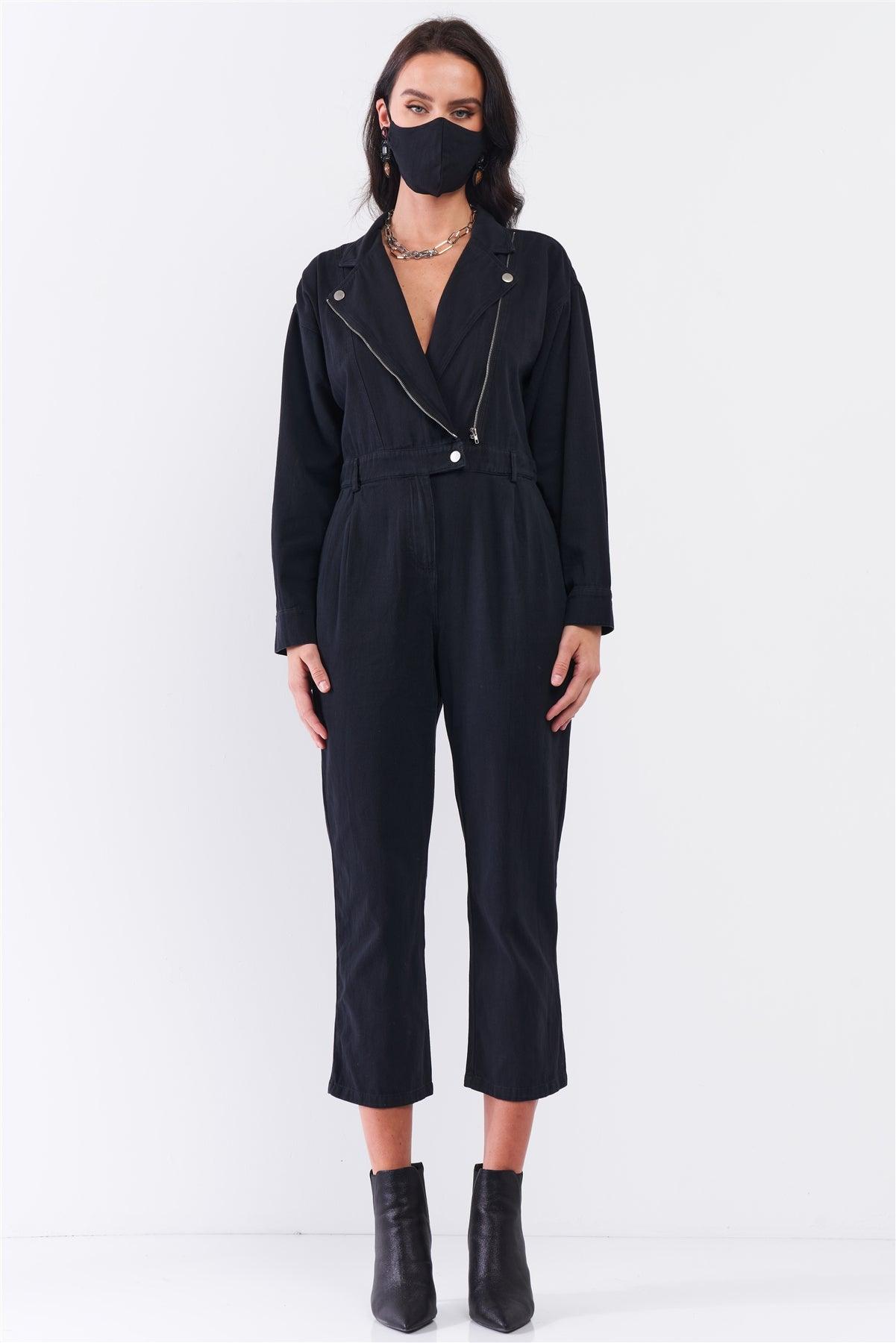 Washed Black Denim Oblique Zip-Up Front Detail Utility Jumpsuit + Black Cloth Mask! /2-2-1