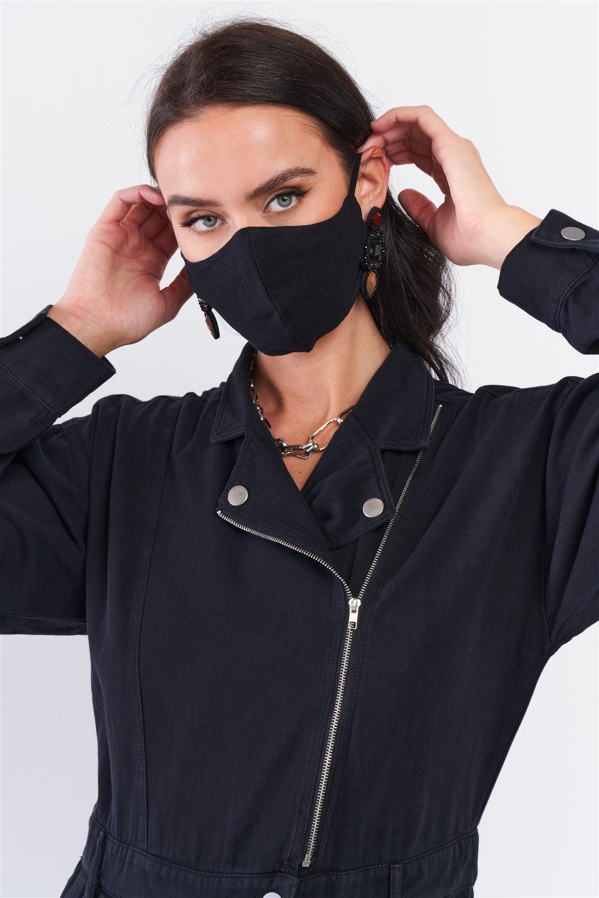 Washed Black Denim Oblique Zip-Up Front Detail Utility Jumpsuit + Black Cloth Mask! /2-2-1