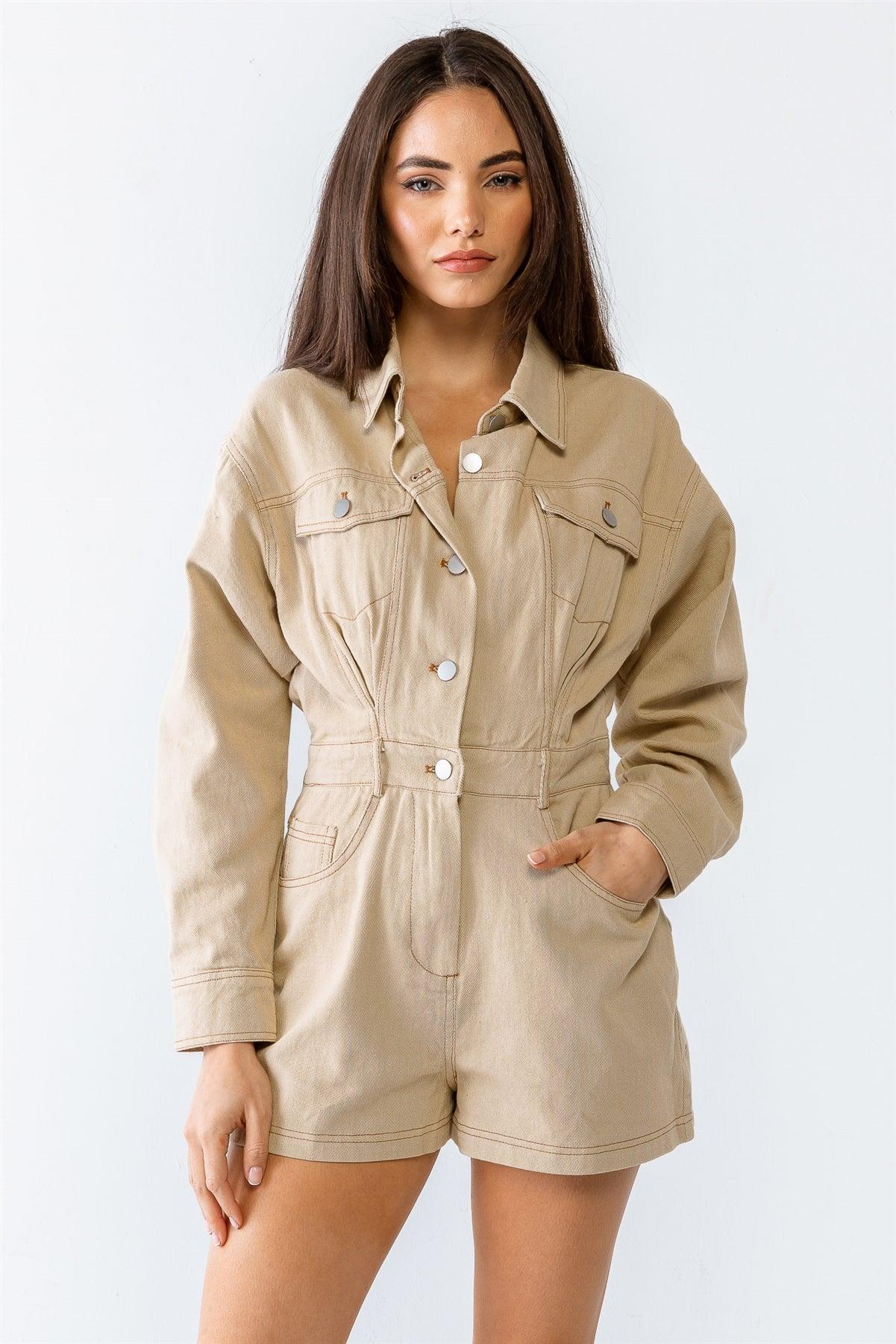 Taupe Denim Cotton Collared Neck Button-Up Seven Pocket Romper /3-2-1