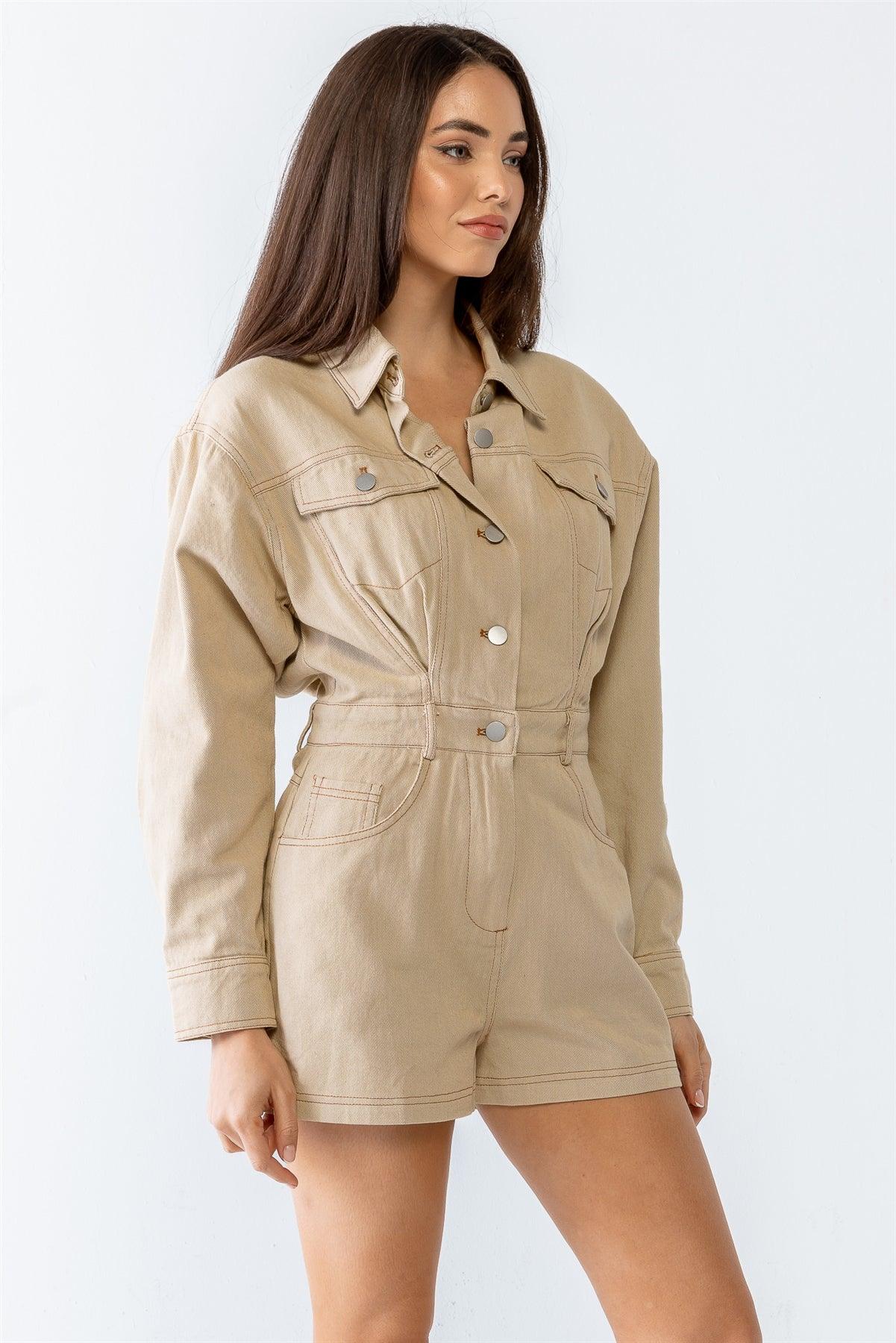 Taupe Denim Cotton Collared Neck Button-Up Seven Pocket Romper /3-2-1