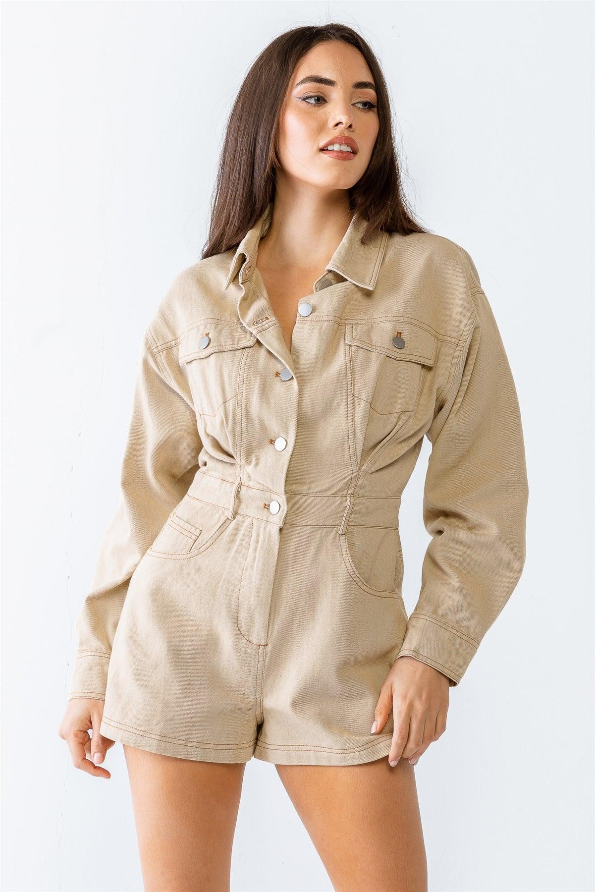 Taupe Denim Cotton Collared Neck Button-Up Seven Pocket Romper /3-2-1