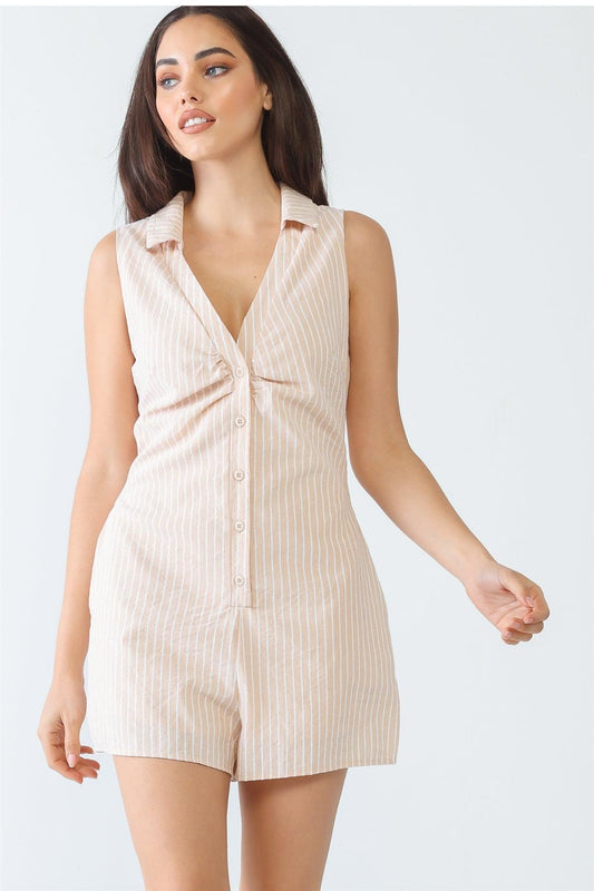 Peach White Stripe Print Cotton Button Collared Neck Sleeveless Romper /3-2-1