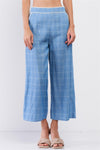 Baby Blue High Waisted Checkered White Lace Trim Wide Leg Pants /2-2-1