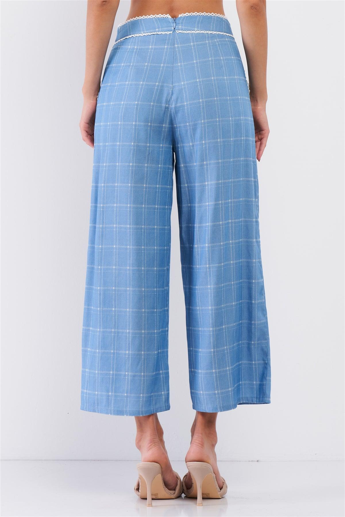 Baby Blue High Waisted Checkered White Lace Trim Wide Leg Pants /2-2-1