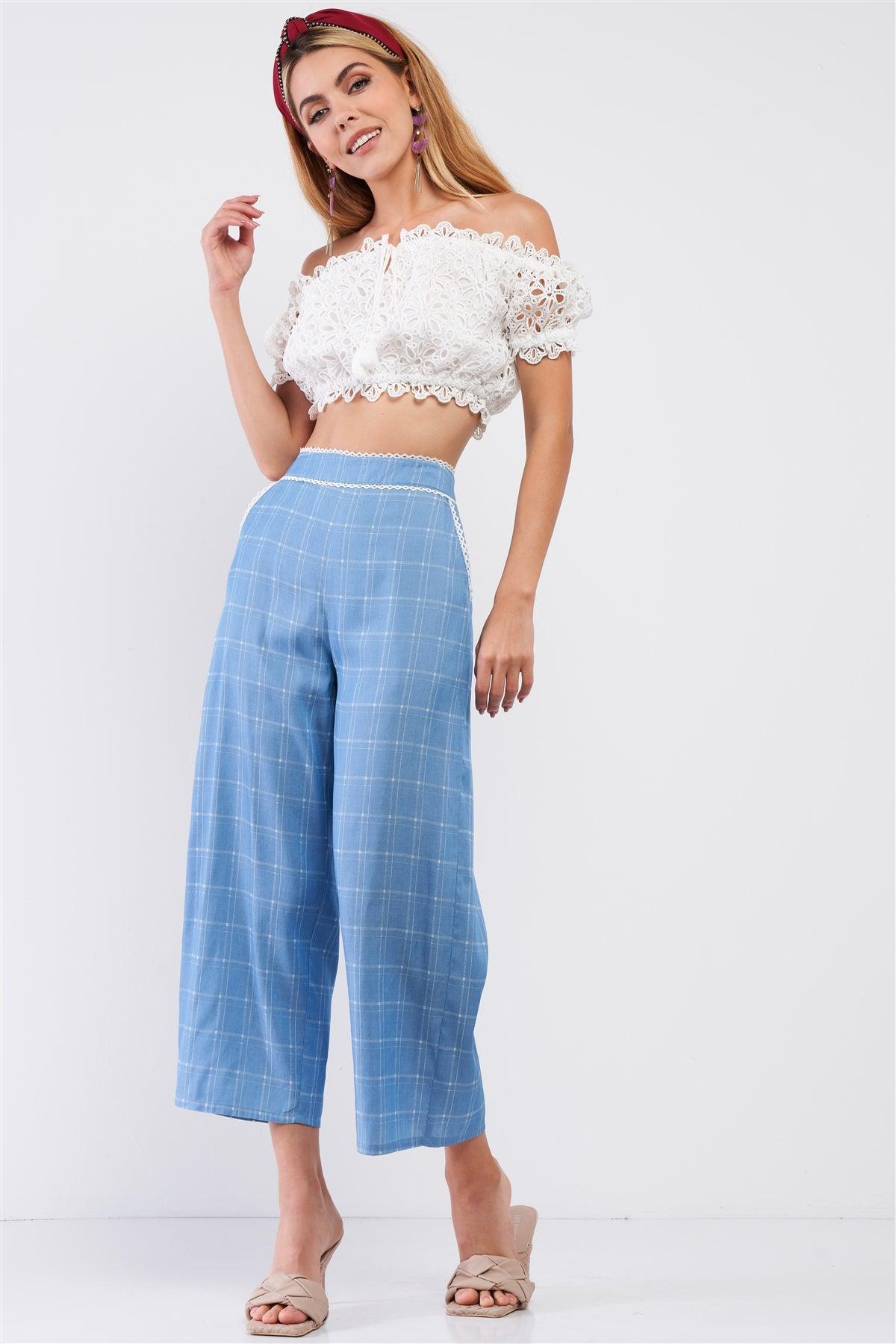 Baby Blue High Waisted Checkered White Lace Trim Wide Leg Pants /2-2-1