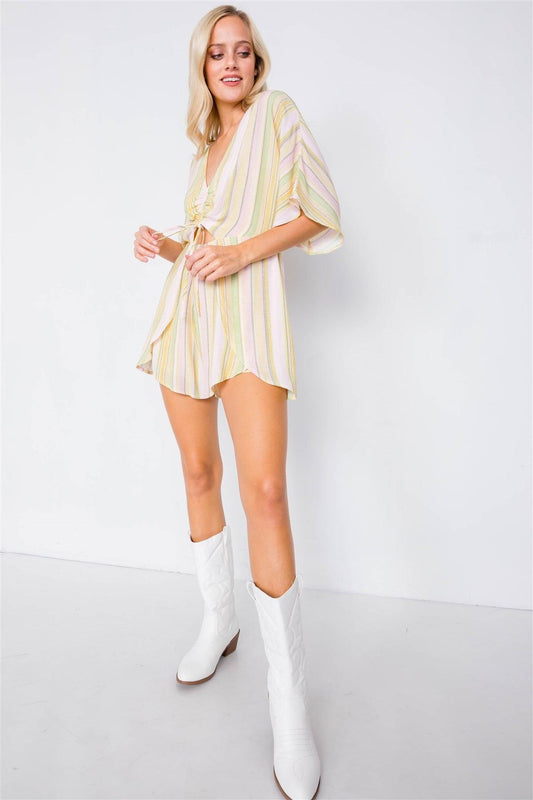 Yellow Multi Boho Stripe Print Cut-Out Kimono Sleeve Romper /2-2-1