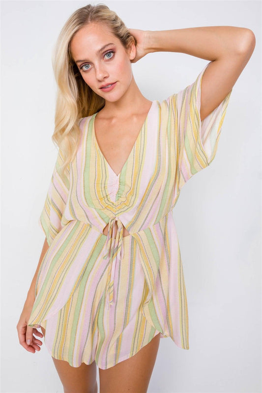 Yellow Multi Boho Stripe Print Cut-Out Kimono Sleeve Romper /3-2-1