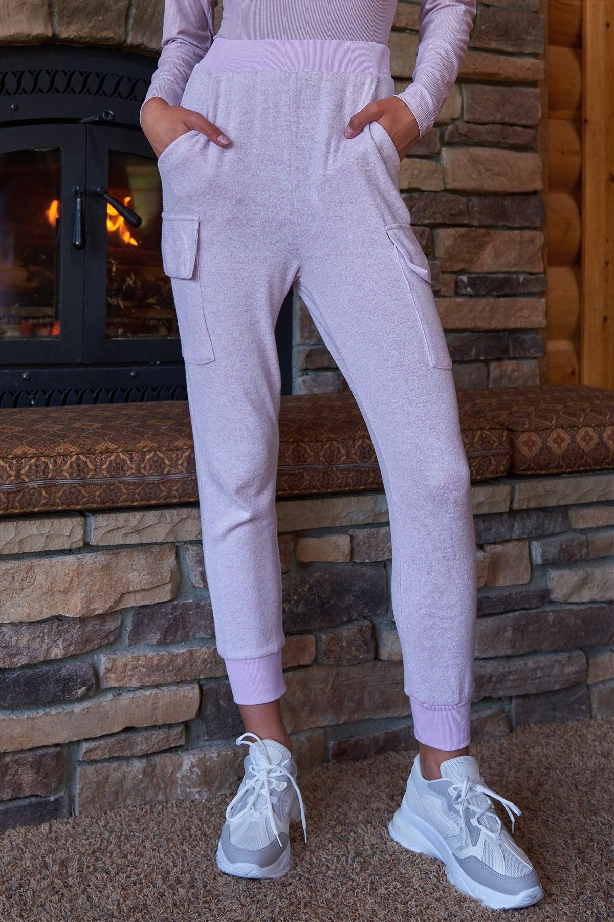 Lilac High Waist Cargo Pocket Detail Fuzzy Jogger Sweat Pants /3-2-1