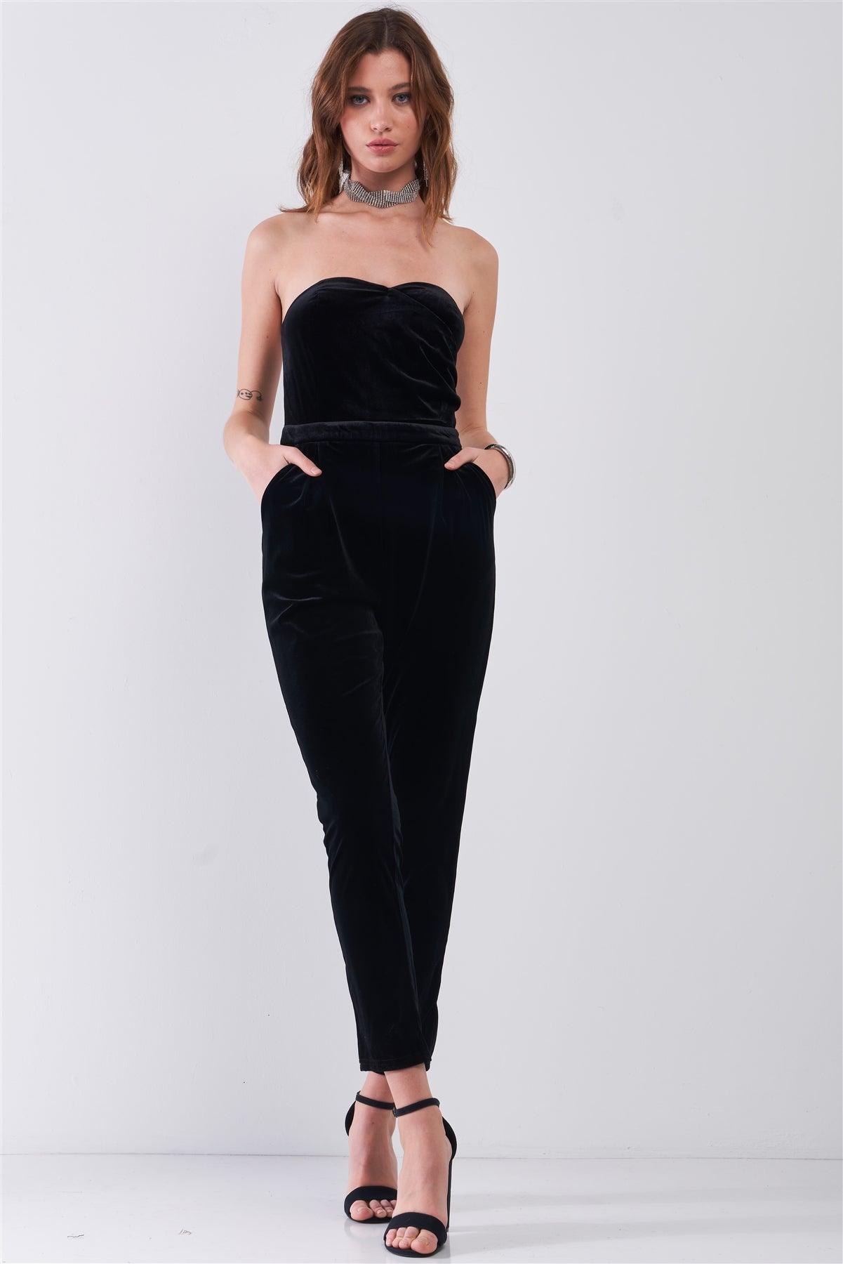 Black Velvet Strapless Sweetheart Neck Wrap Skinny Jumpsuit /1-1-2-1