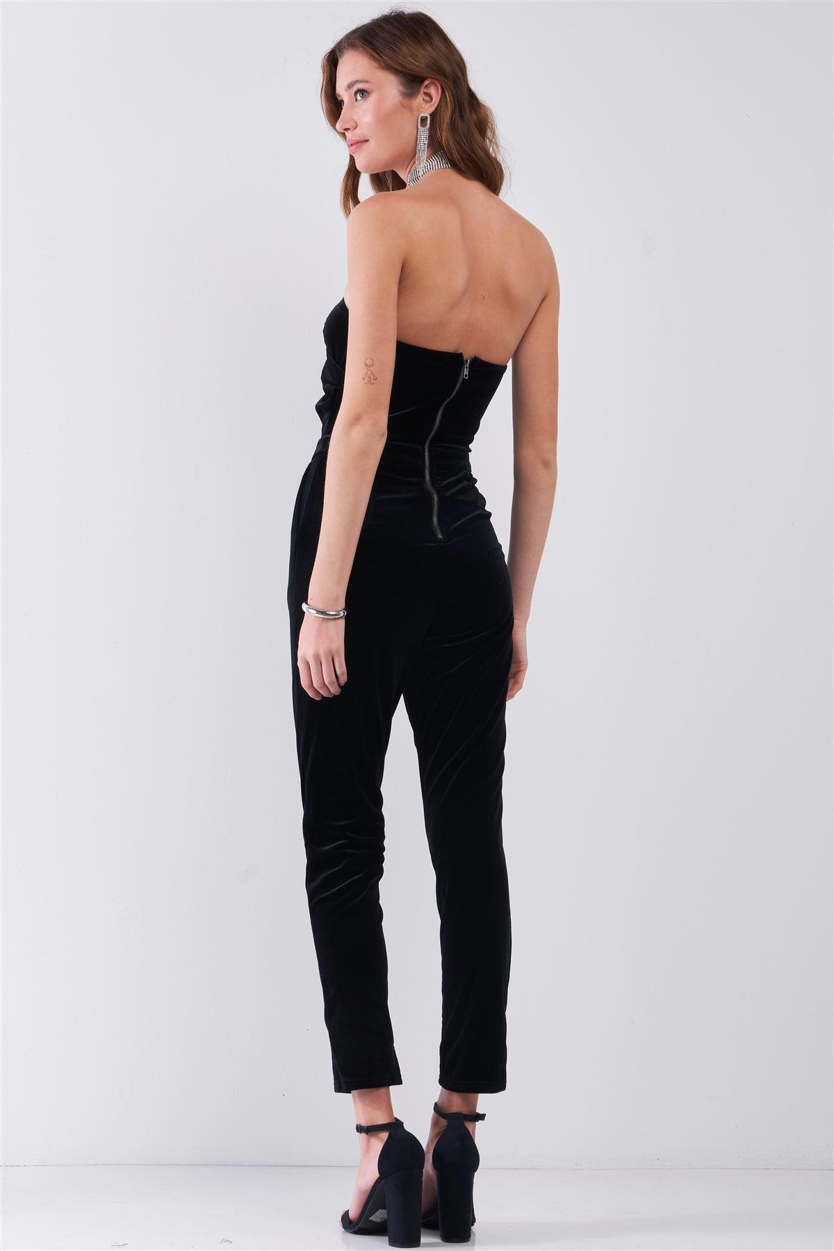 Black Velvet Strapless Sweetheart Neck Wrap Skinny Jumpsuit /1-1-2-1