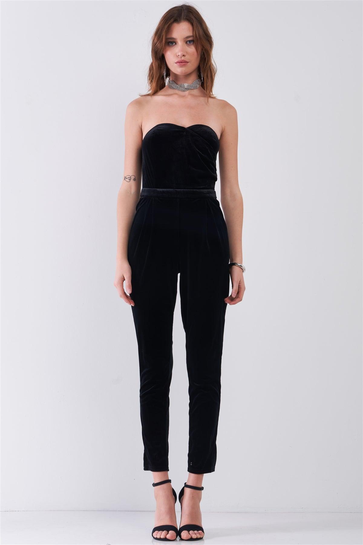 Black Velvet Strapless Sweetheart Neck Wrap Skinny Jumpsuit /1-1-2-1