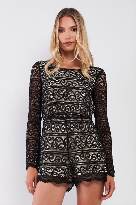 Black Crochet Lace V-Back Long Sleeve Romper /1-2-2-1