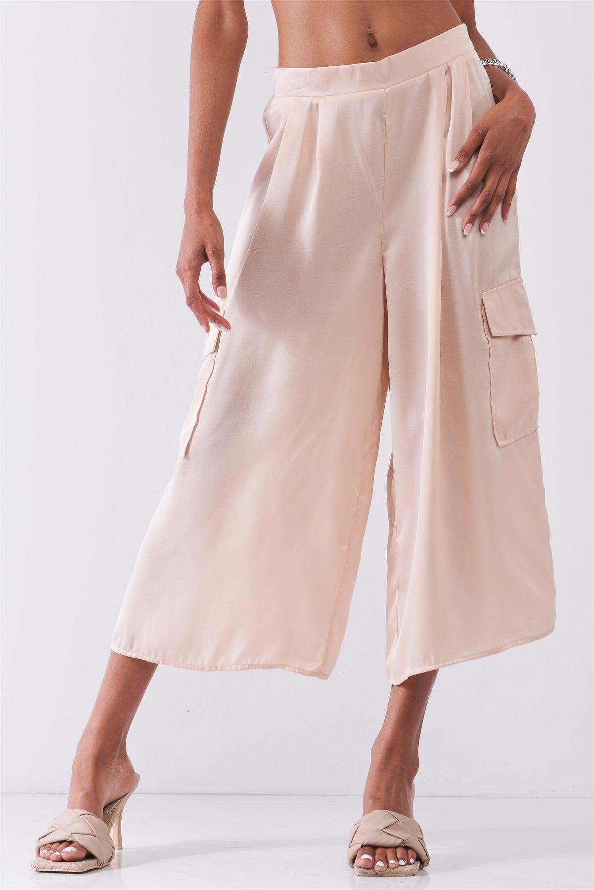 Blush Pink Chiffon Mid-Rise Cargo Pockets Detail Wide Leg Pants /1-2-2-1