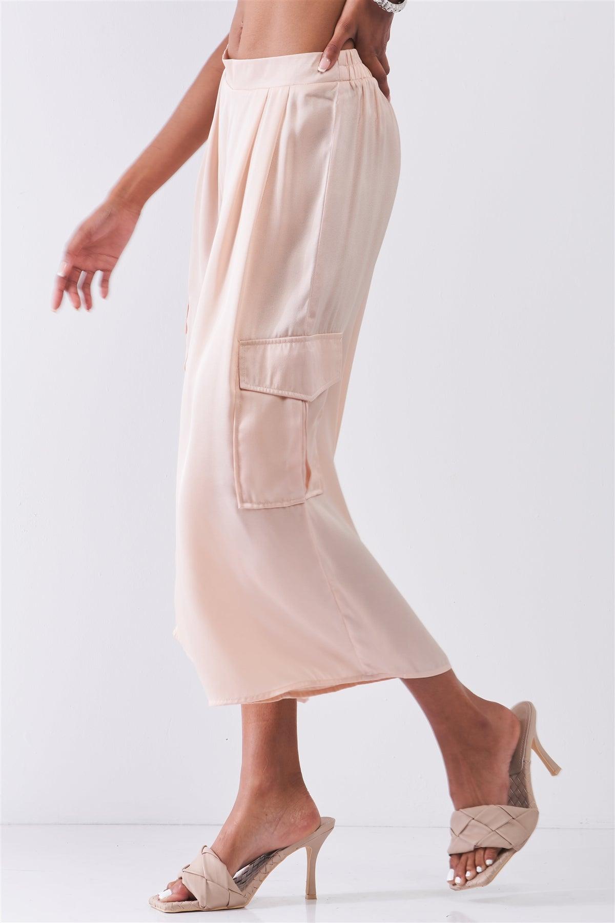 Blush Pink Chiffon Mid-Rise Cargo Pockets Detail Wide Leg Pants /1-2-2-1