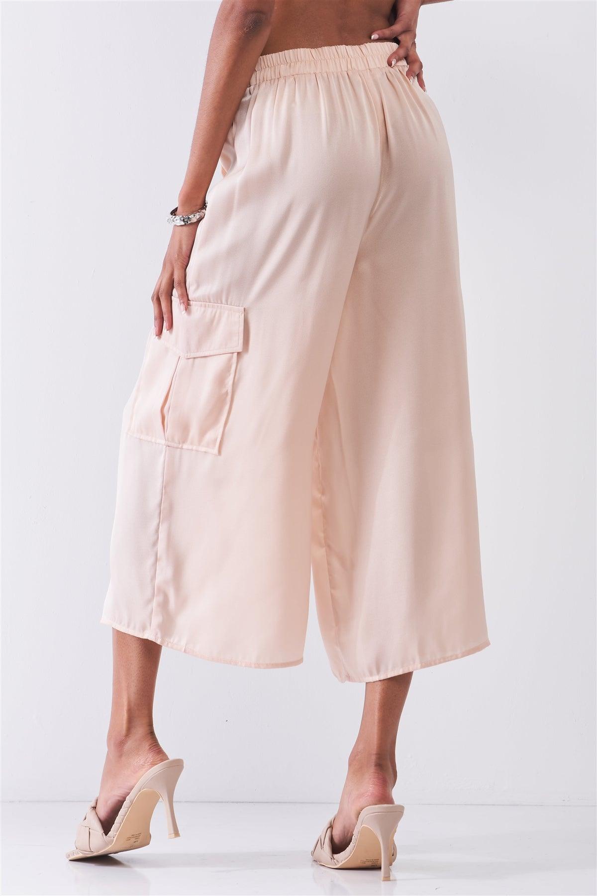 Blush Pink Chiffon Mid-Rise Cargo Pockets Detail Wide Leg Pants /1-2-2-1