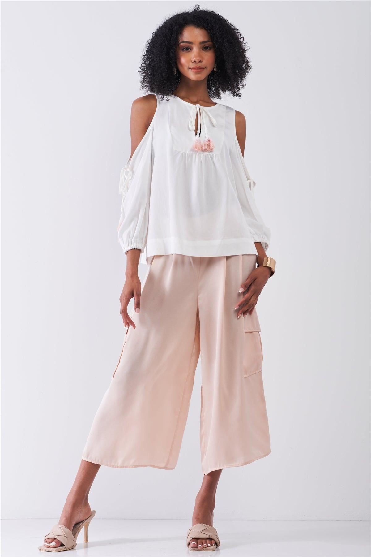 Blush Pink Chiffon Mid-Rise Cargo Pockets Detail Wide Leg Pants /1-2-2-1