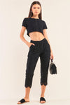 Black Mid-Rise Crochet Lace Shredded Scallop Hem Capri Pants /1-2-2-1