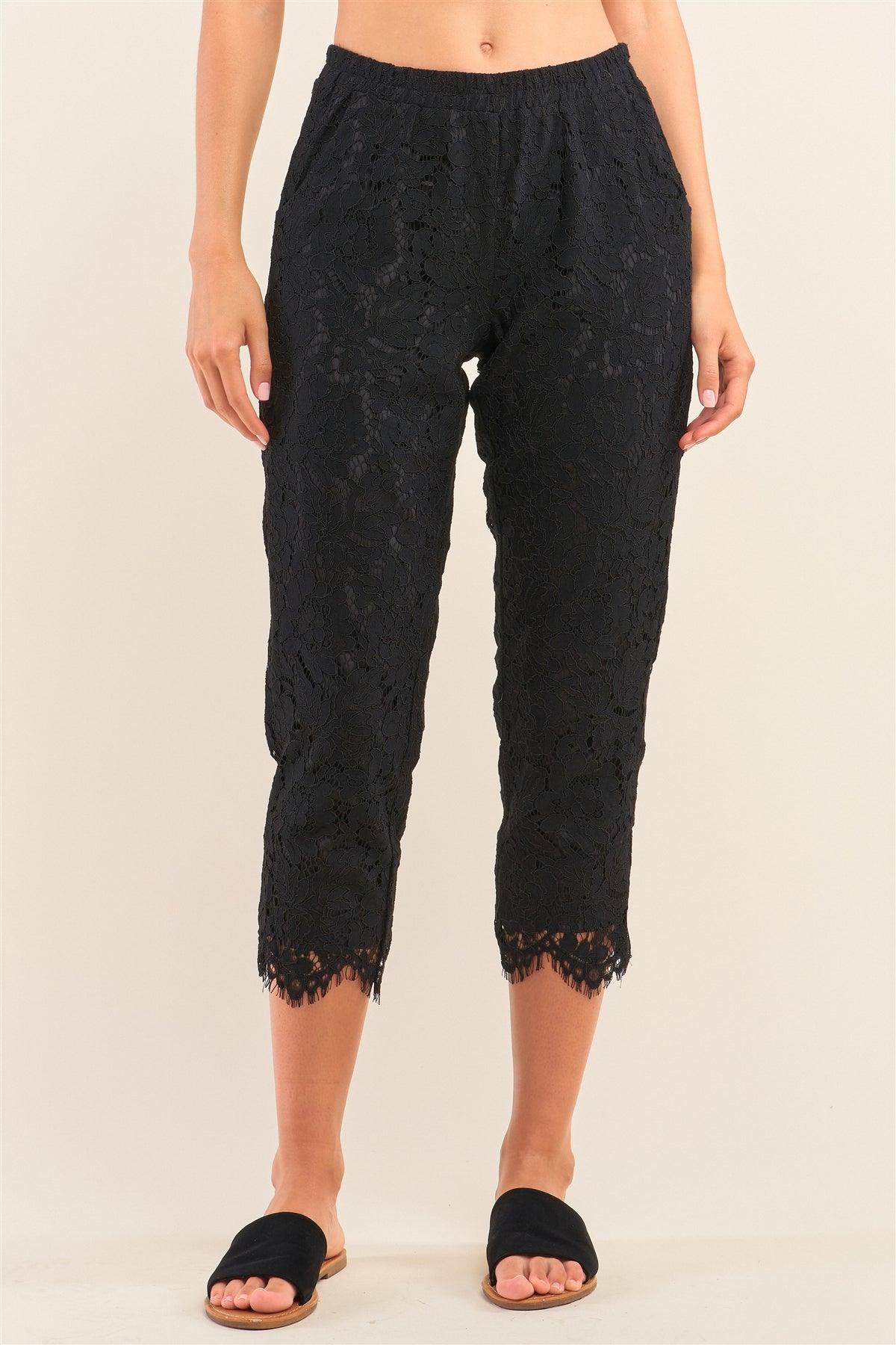 Black Mid-Rise Crochet Lace Shredded Scallop Hem Capri Pants /1-2-2-1