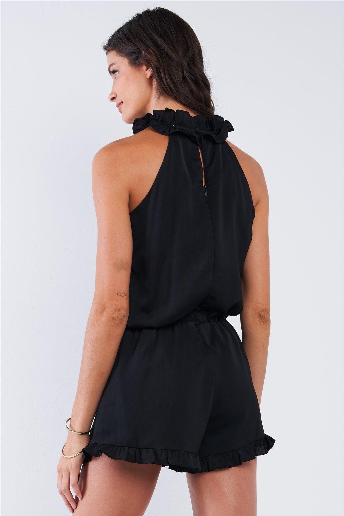 Solid Black Satin Relaxed Fit Stretchy Waist Frill Hem Mock Neck Romper /1-2-2-1