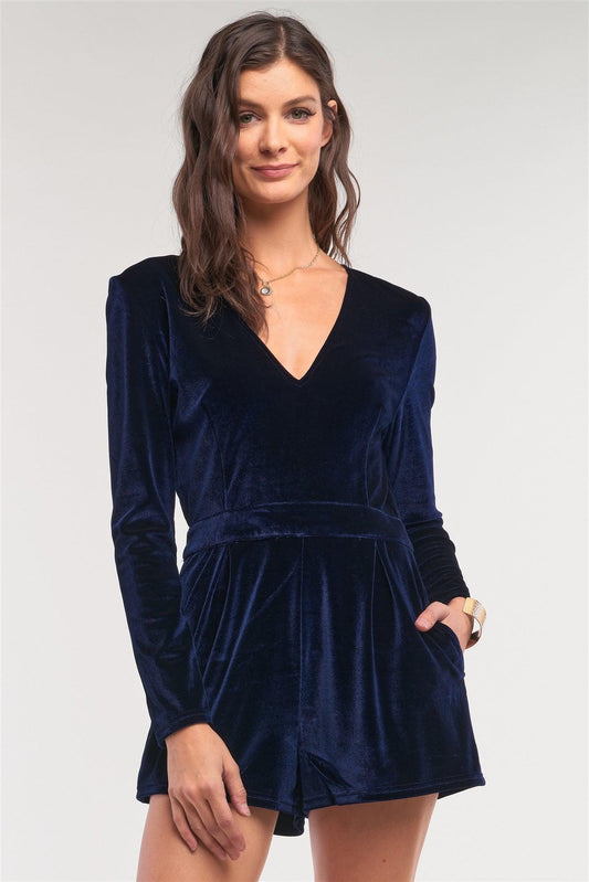 Royal Blue Velvet Long Sleeve Plunging Neckline Fitted Romper /2-2-1