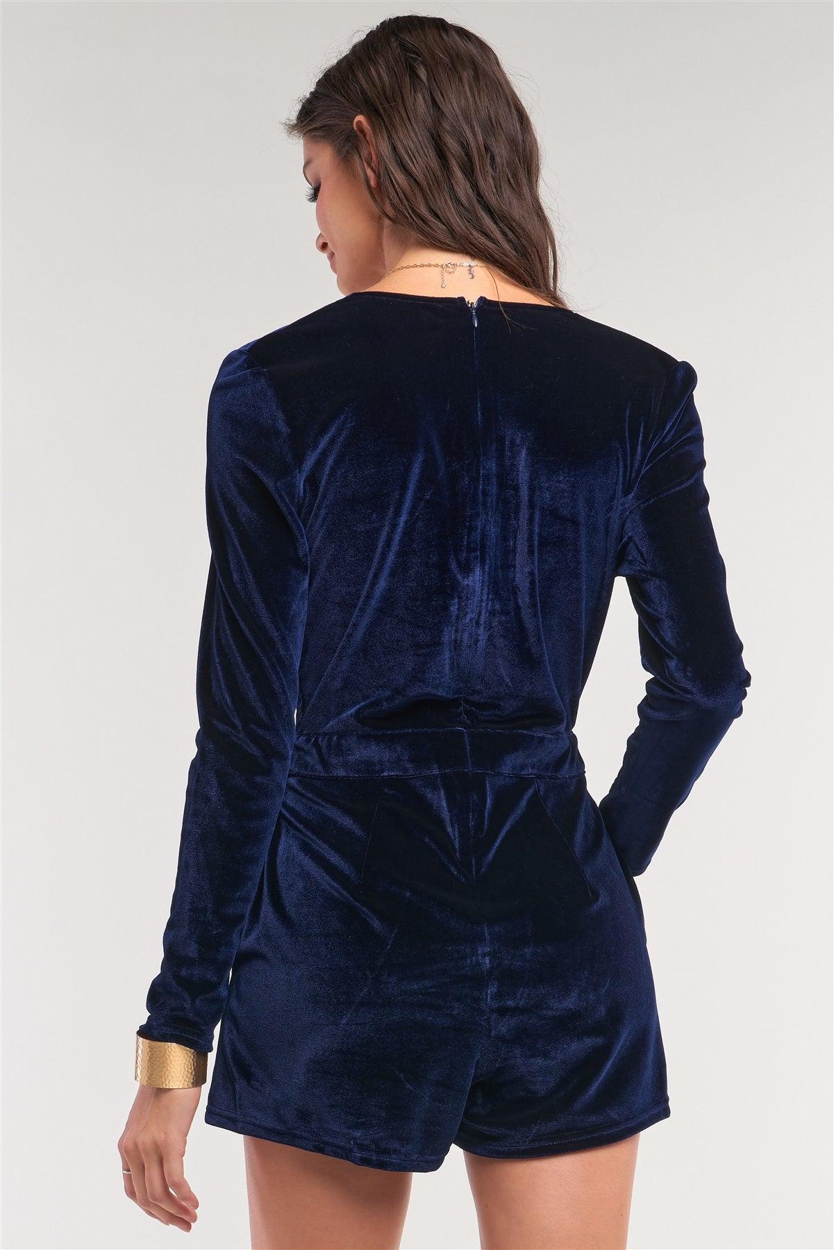 Royal Blue Velvet Long Sleeve Plunging Neckline Fitted Romper /2-2-1