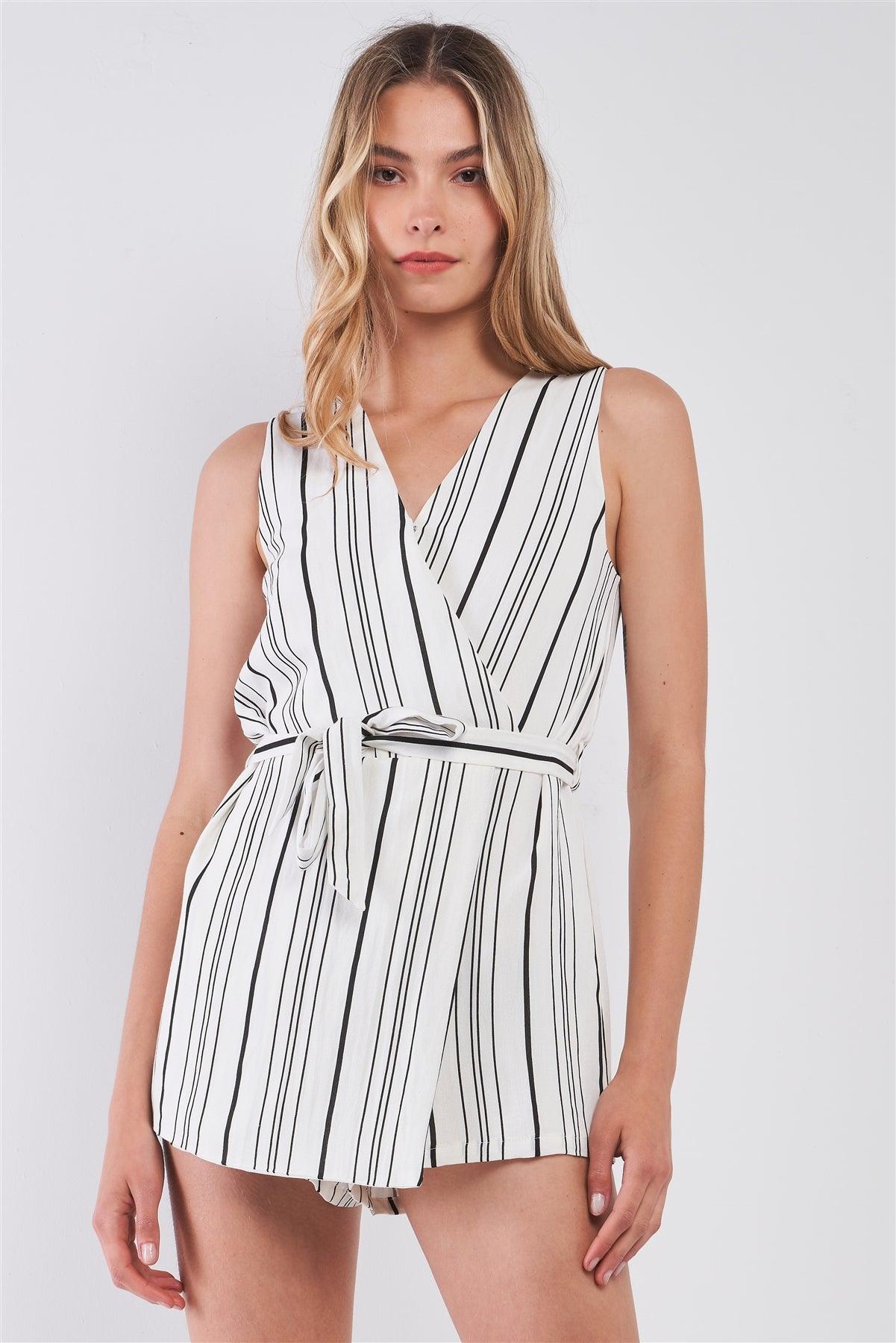 White & Black  Pinstriped Sleeveless Wrap Front Self-Tie Waist Romper /1-1-2-2