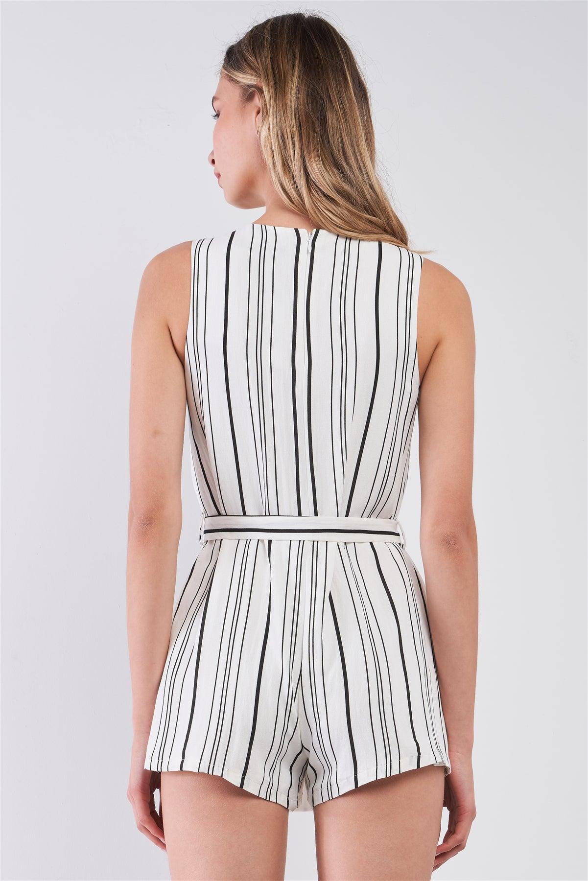 White & Black  Pinstriped Sleeveless Wrap Front Self-Tie Waist Romper /1-1-2-2