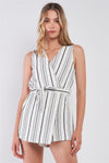 White & Black  Pinstriped Sleeveless Wrap Front Self-Tie Waist Romper