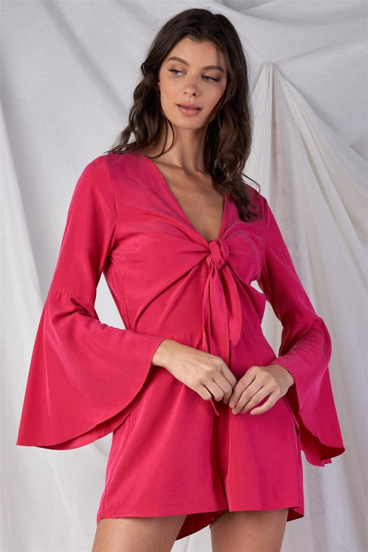 Raspberry Pink Relaxed Fit Front Knot Tie Up V-Neck Bluebell Midi Sleeve Romper