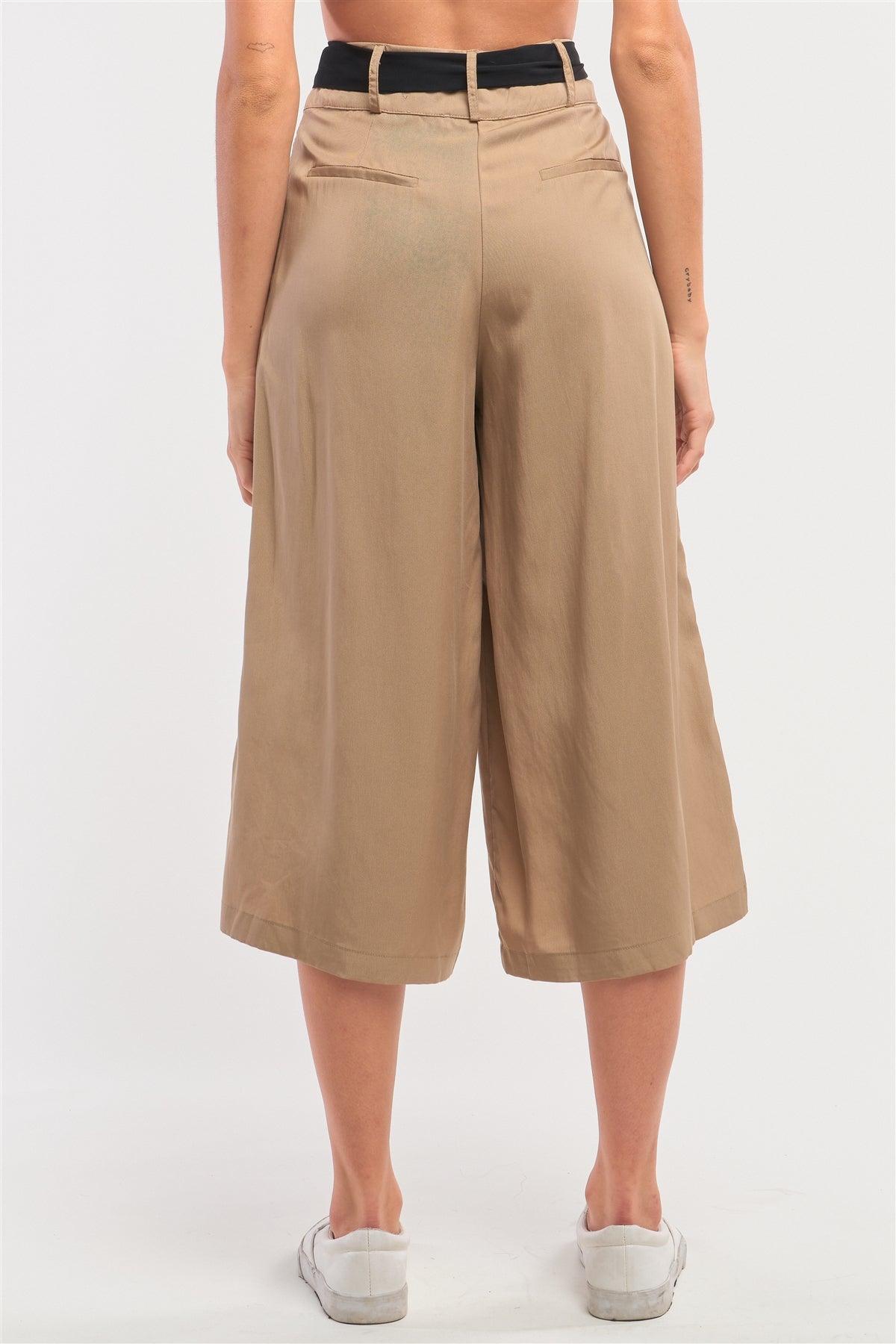 Beige High Waist Self-Tie Belt Detail Flare Capri Pants /1-2-2