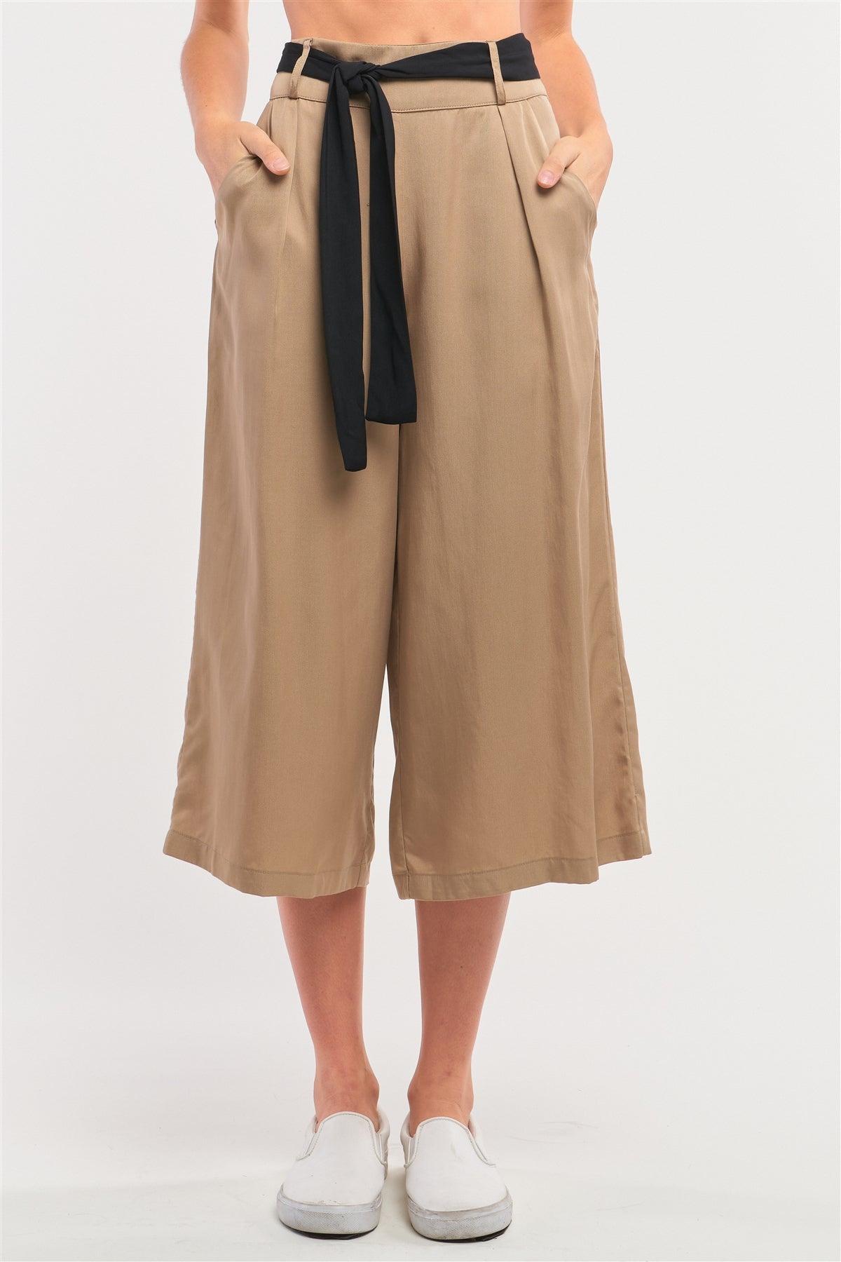 Beige High Waist Self-Tie Belt Detail Flare Capri Pants /3-3