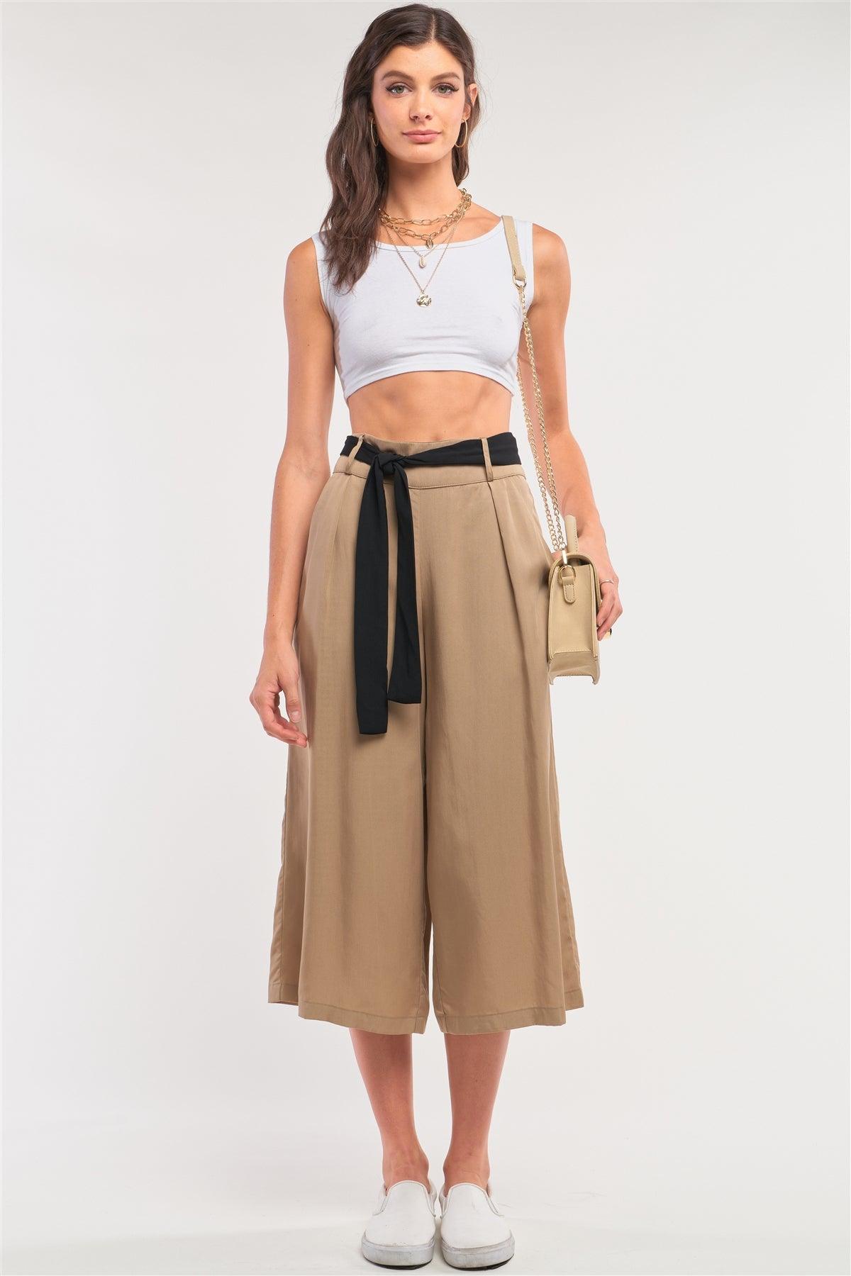 Beige High Waist Self-Tie Belt Detail Flare Capri Pants /3-3