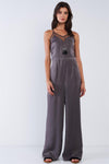 Dark Olive Chic Satin Sleeveless Mesh Hem V-Neck Wide Leg Jumpsuit /1-2-2-1