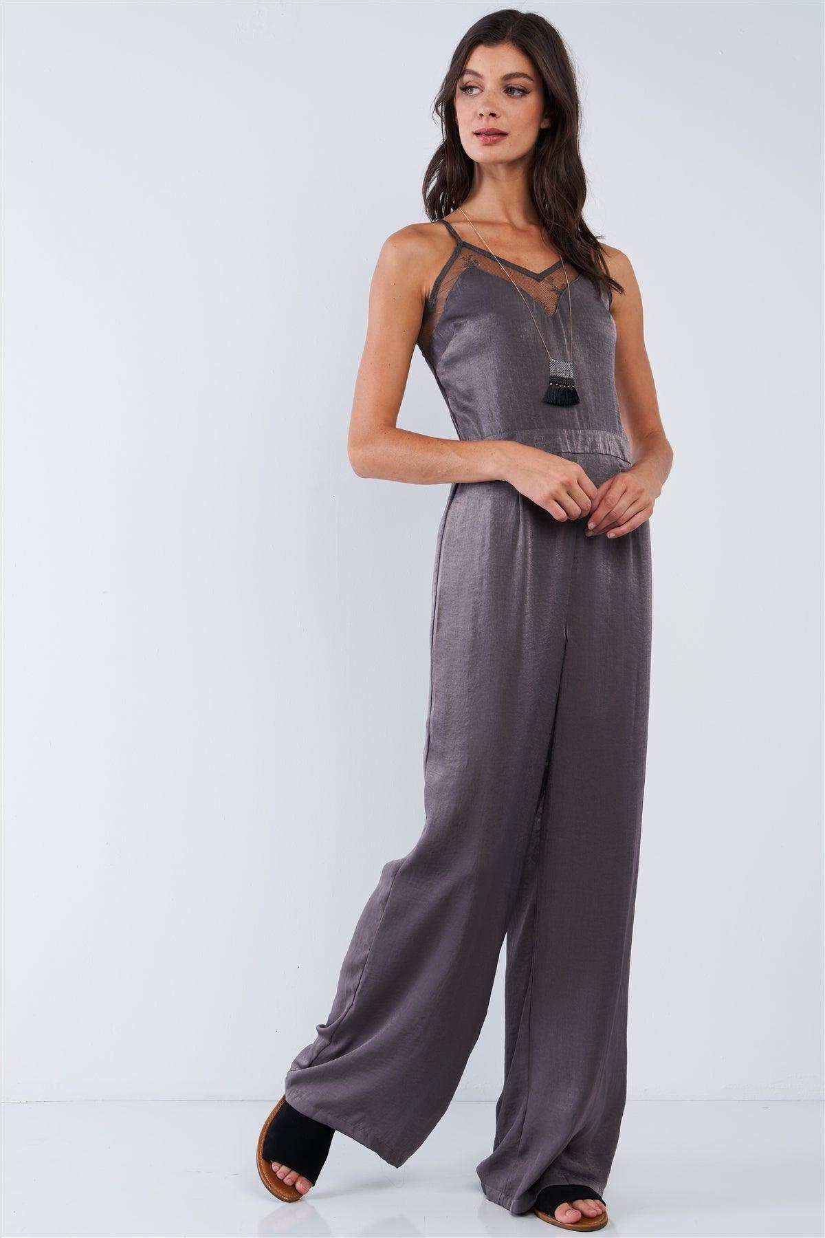 Dark Olive Chic Satin Sleeveless Mesh Hem V-Neck Wide Leg Jumpsuit /1-2-2-1