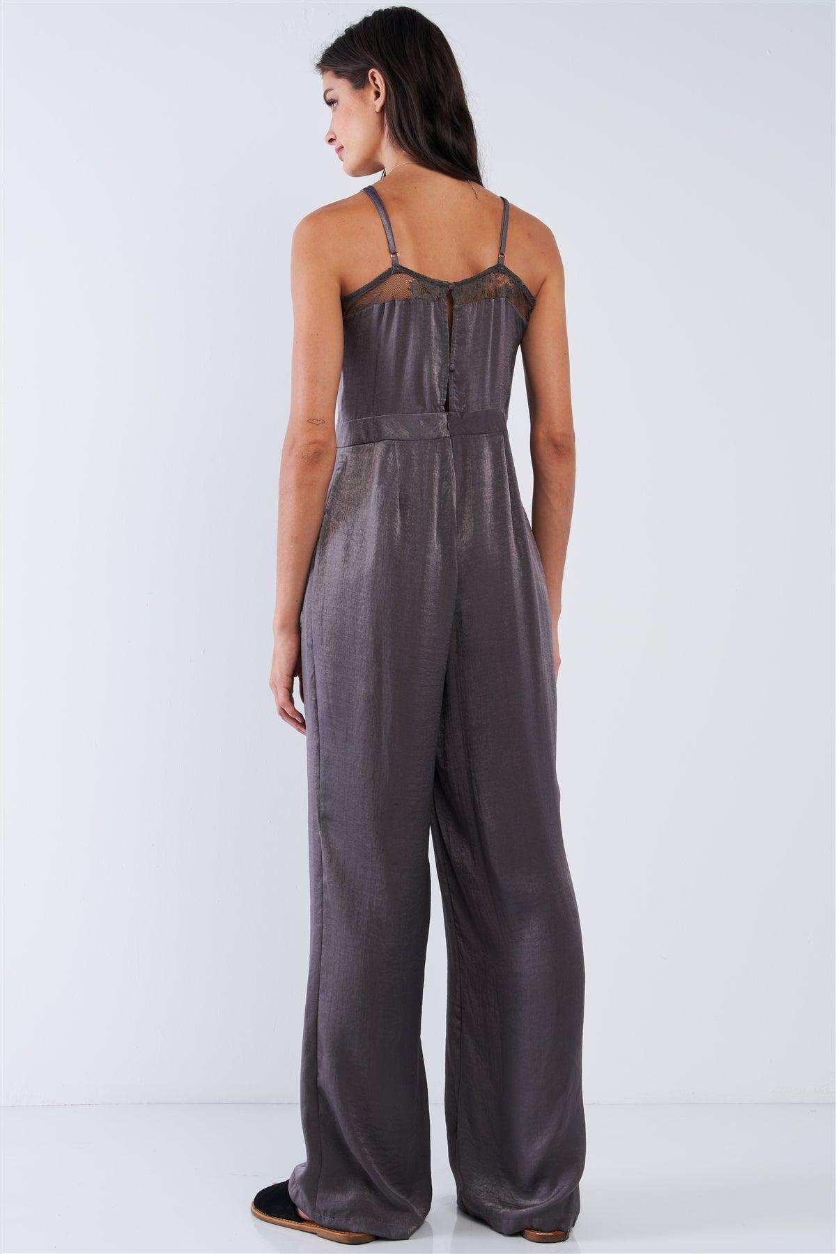 Dark Olive Chic Satin Sleeveless Mesh Hem V-Neck Wide Leg Jumpsuit /1-2-2-1