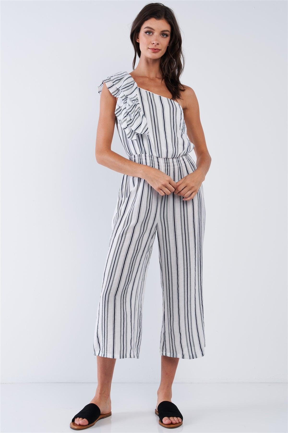 Navy Blue And White Vertical Multi Stripe Print One-Shoulder Ruffle Hem Wide Leg Jumpsuit /1-2-2-1