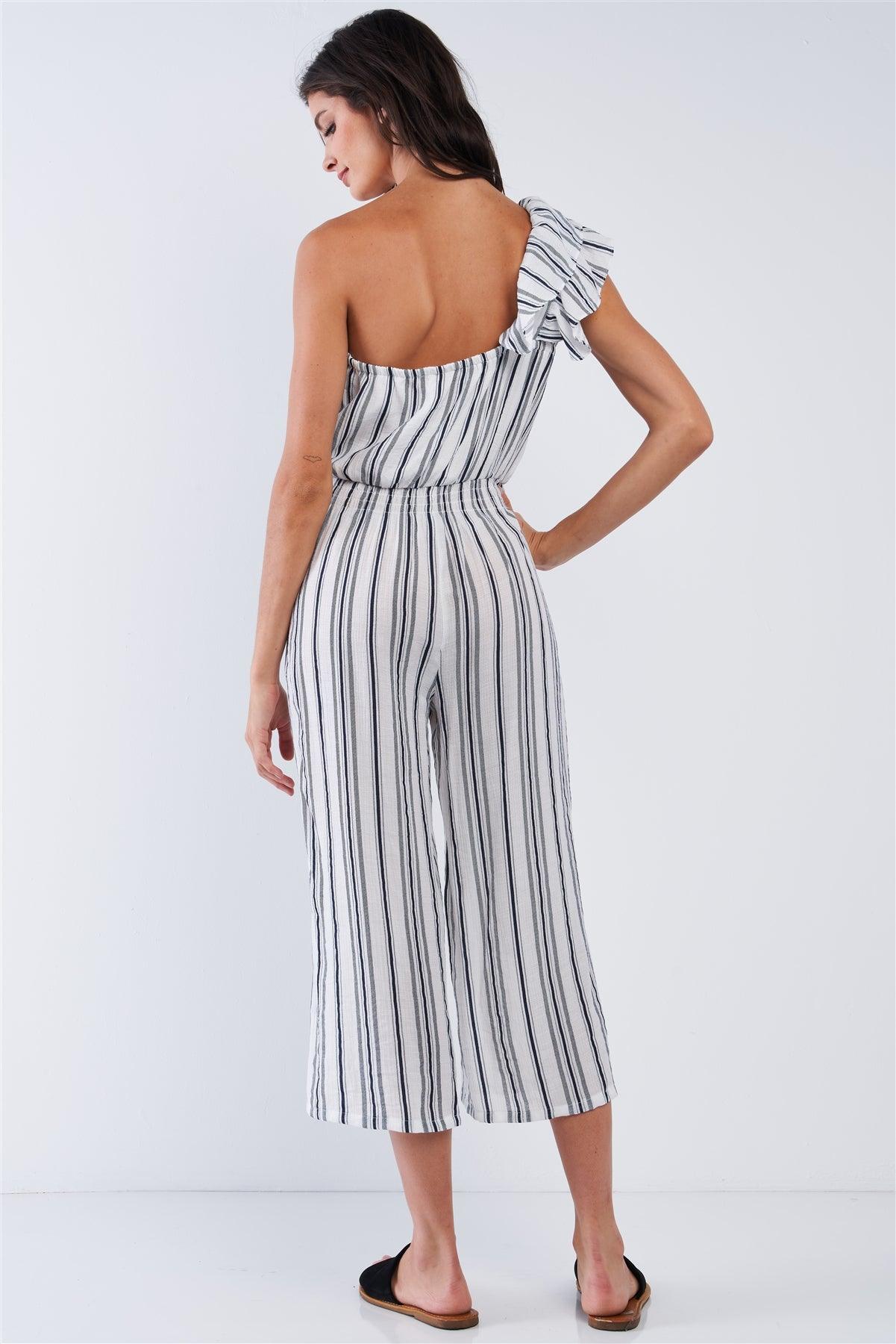 Navy Blue And White Vertical Multi Stripe Print One-Shoulder Ruffle Hem Wide Leg Jumpsuit /1-2-2-1