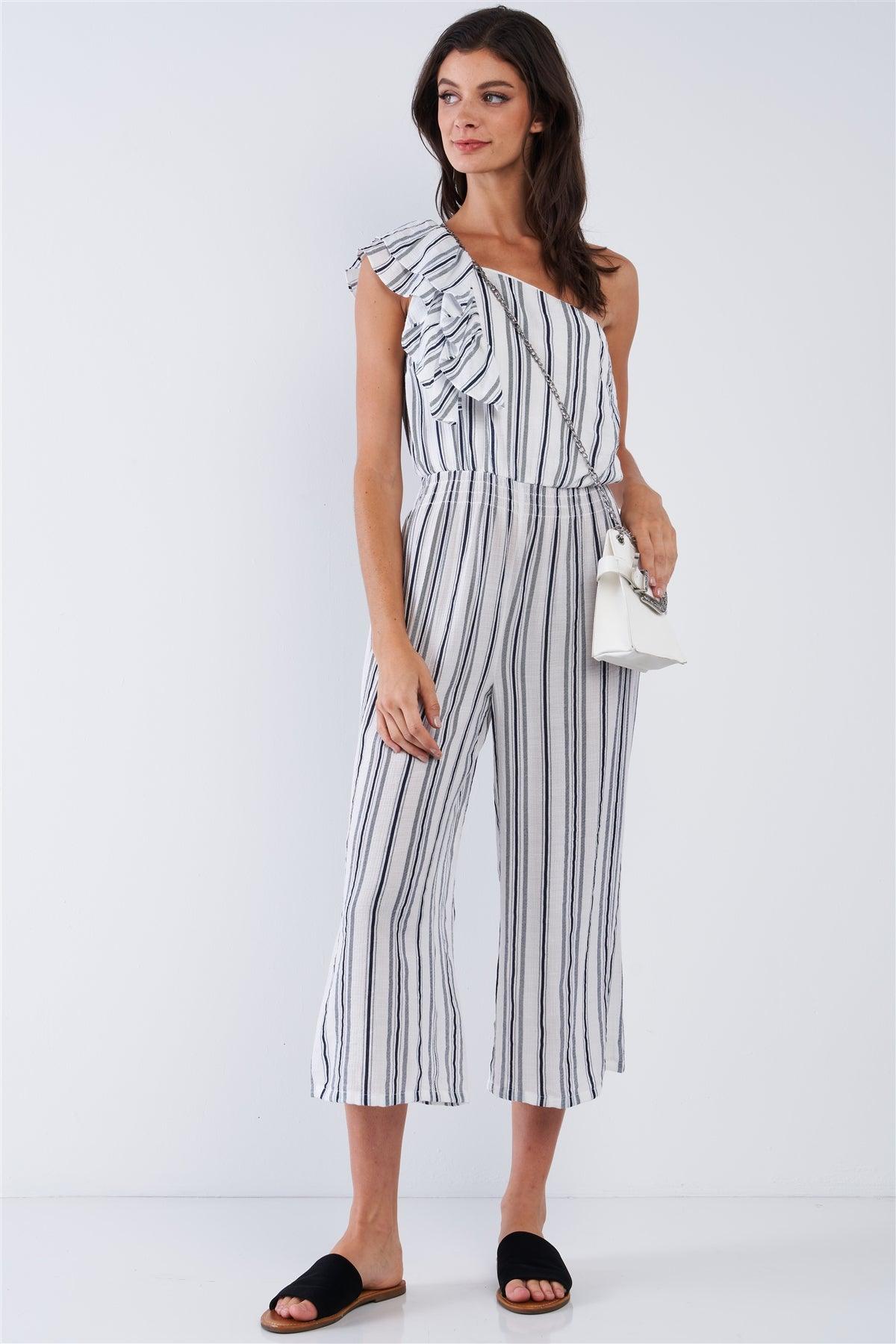 Navy Blue And White Vertical Multi Stripe Print One-Shoulder Ruffle Hem Wide Leg Jumpsuit /1-2-2-1