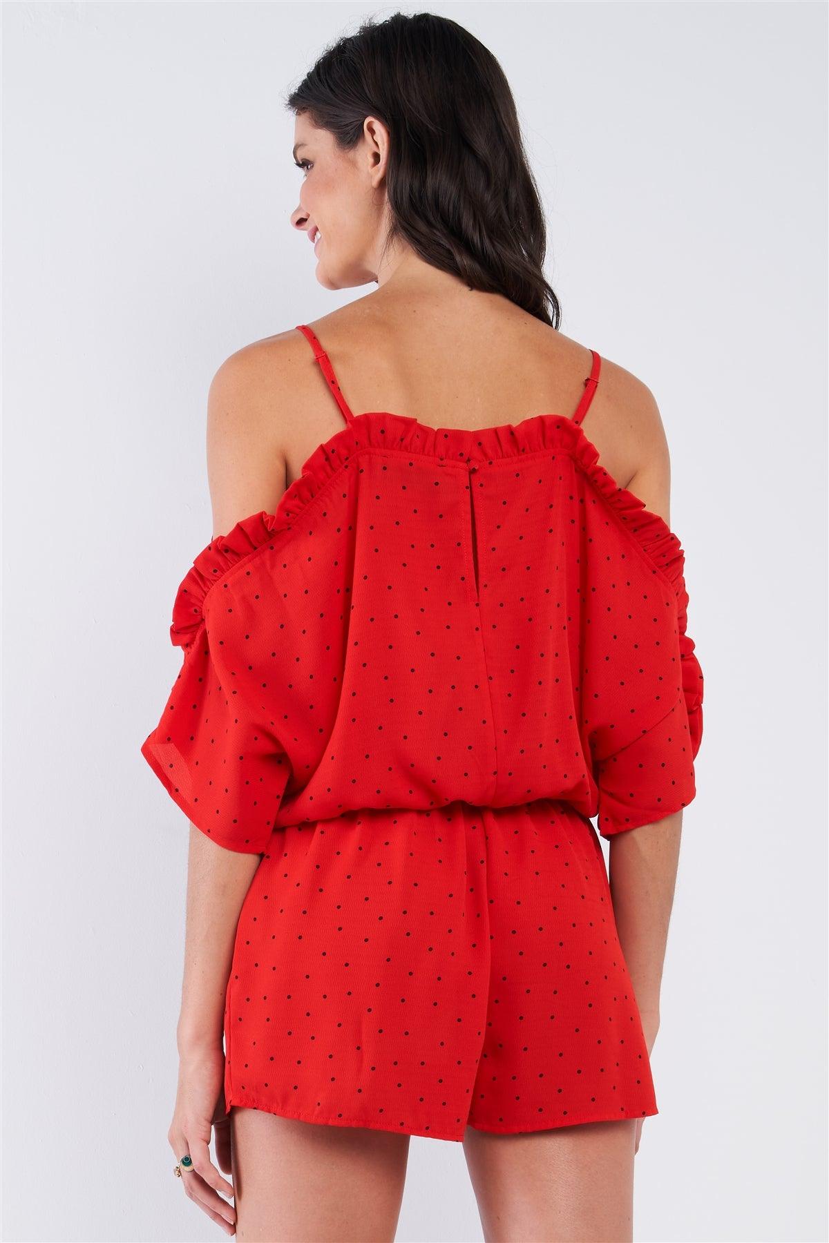 Red Black Polka-Dot Square Neck Cold Shoulder Ruffle Hem Detail Romper /1-2-2-1