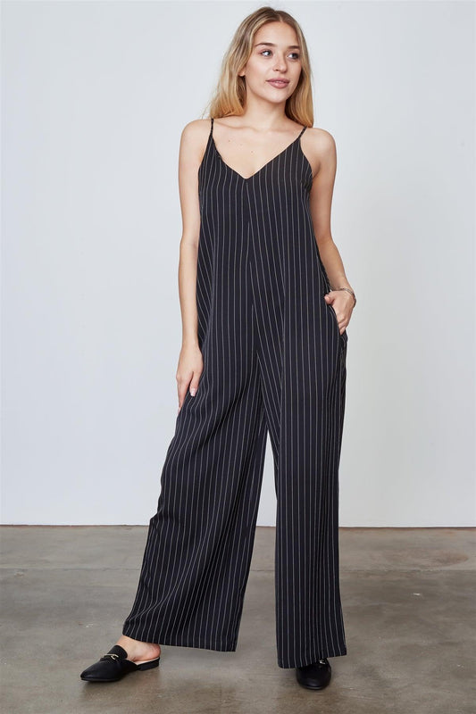 Black Pinstripe Wide Leg Jumpsuit /3-2-1