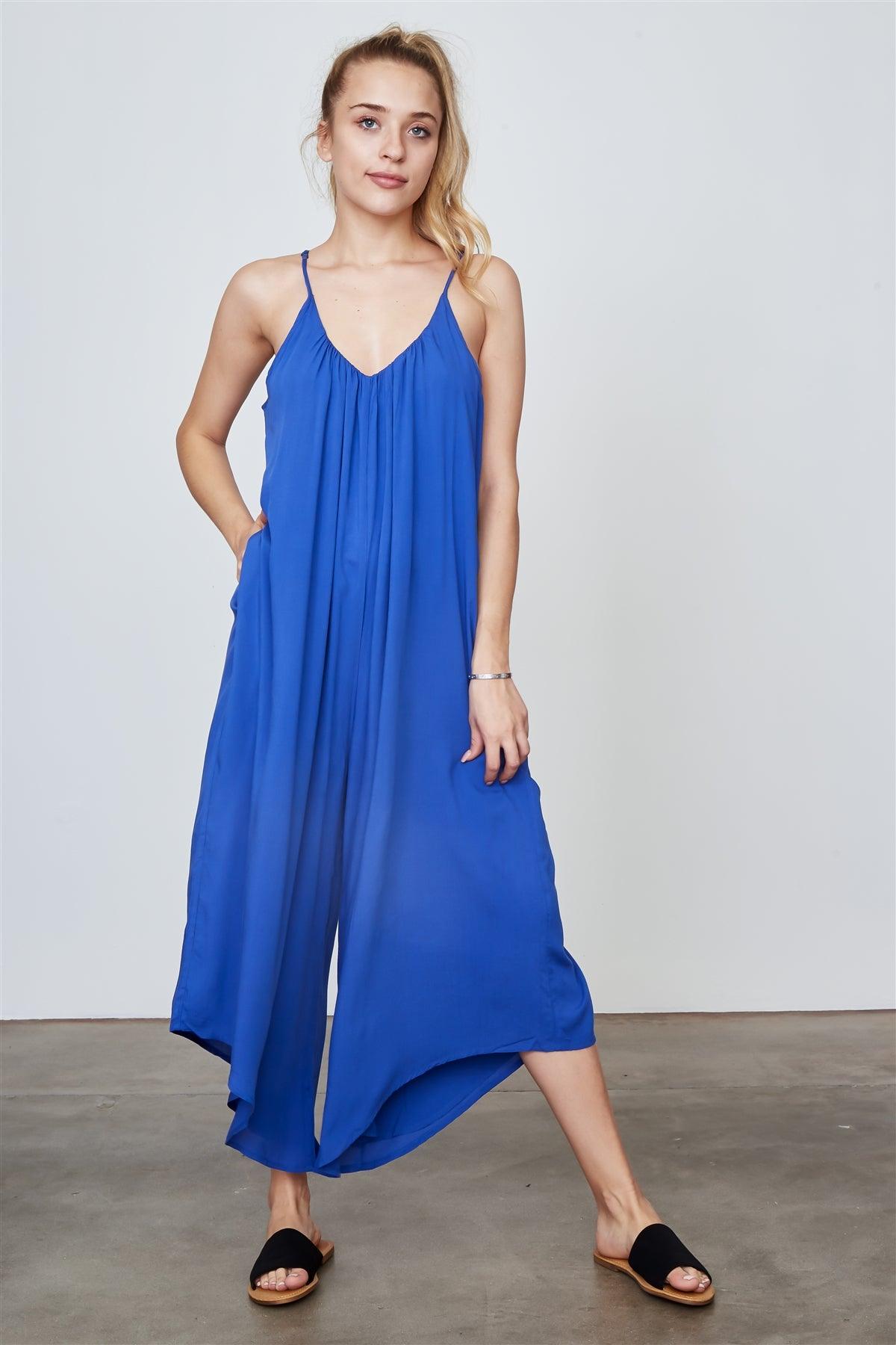 Royal Blue Bohemian V-neck Spaghetti Strap Long Jumpsuit /1-2-2