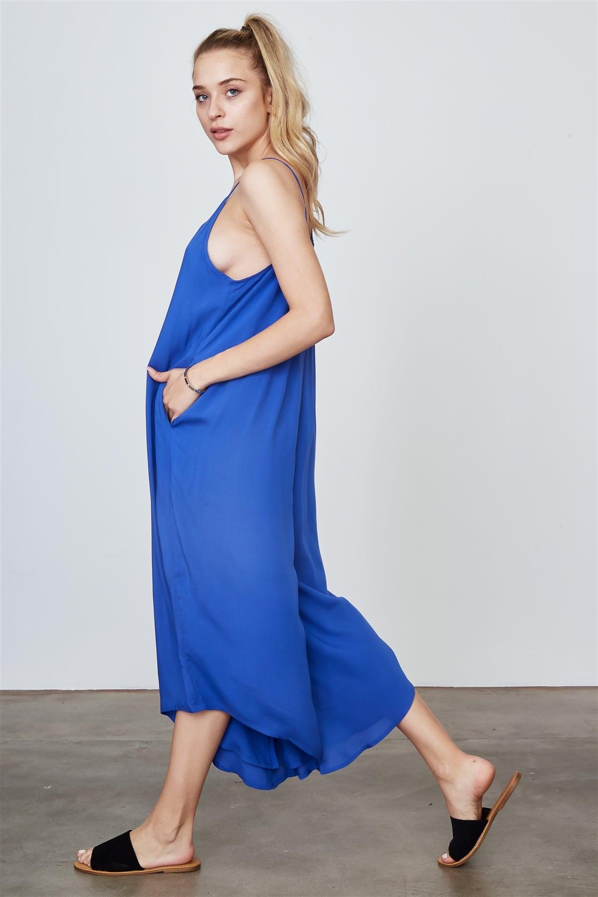 Royal Blue Bohemian V-neck Spaghetti Strap Long Jumpsuit /1-2-2