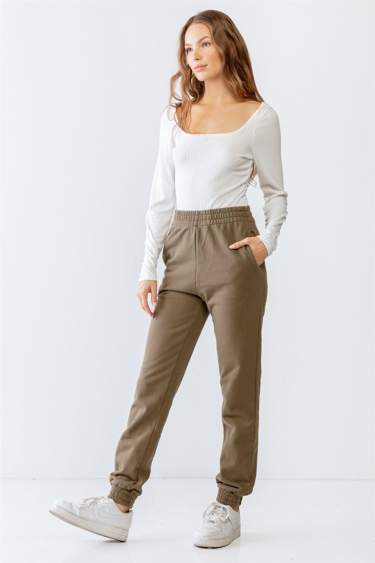 Olive Two Pocket Elasticized High Waist Jogger Pants M-L/2-2