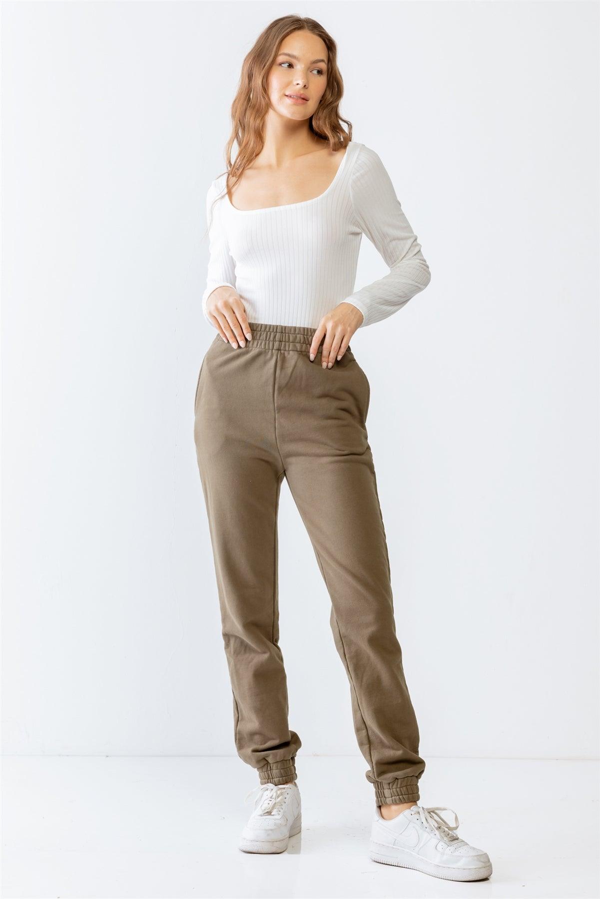 Olive Two Pocket Elasticized High Waist Jogger Pants M-L/2-2