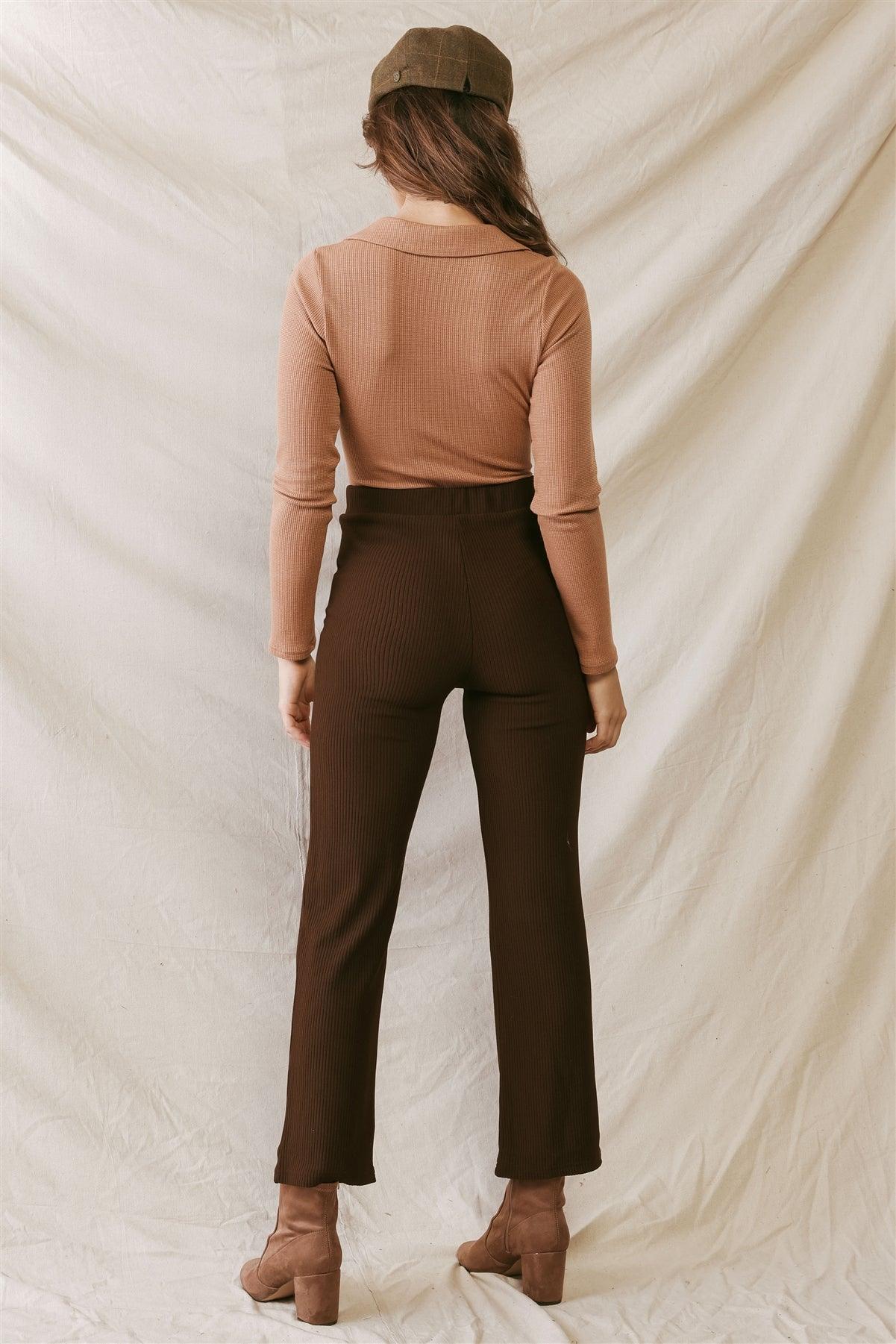 Brown Ribbed High Waist Fitted Pants /2-2-1