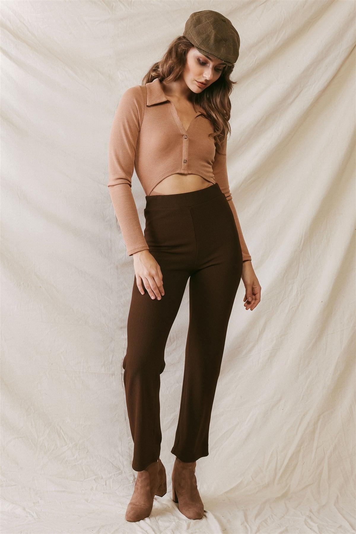 Brown Ribbed High Waist Fitted Pants /2-2-1