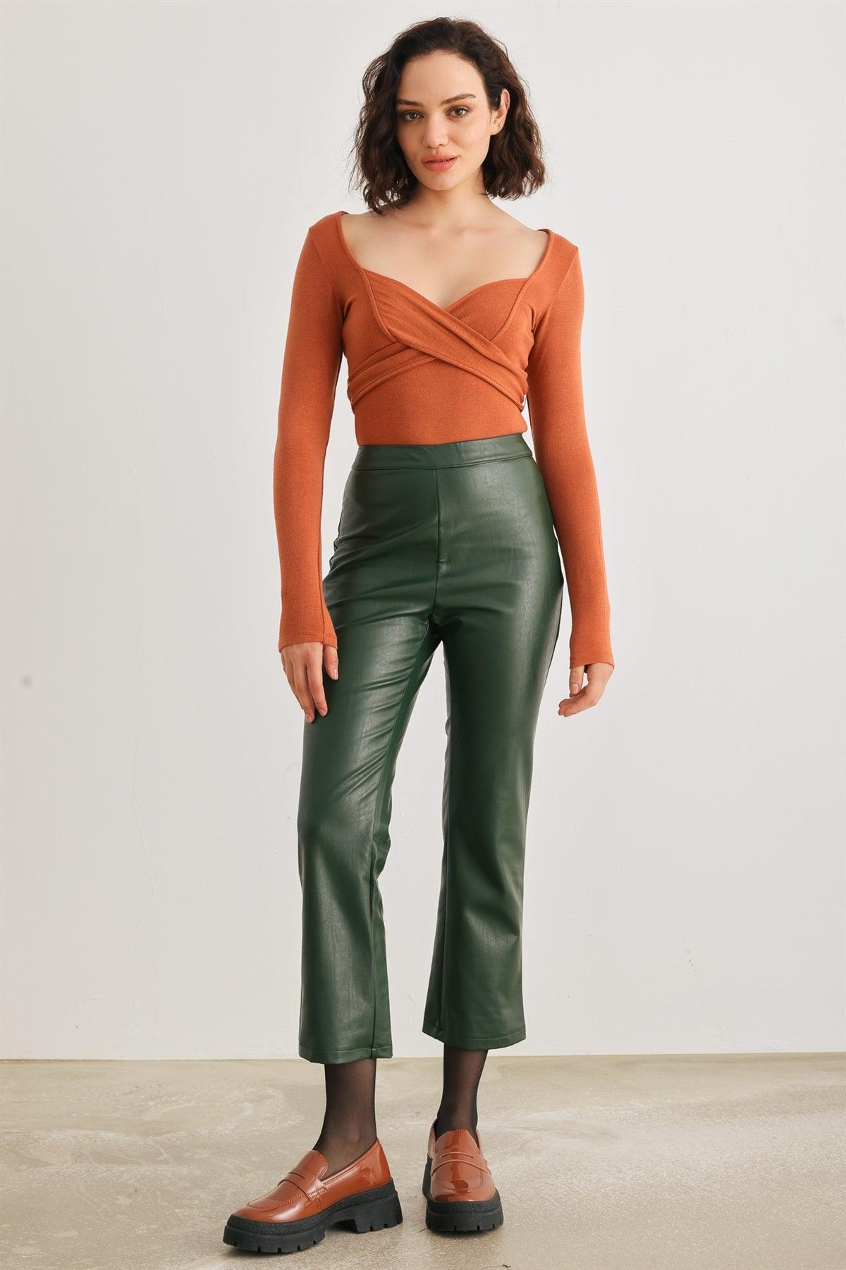 Dark Green Faux Leather High Waist Pants /1-2-2