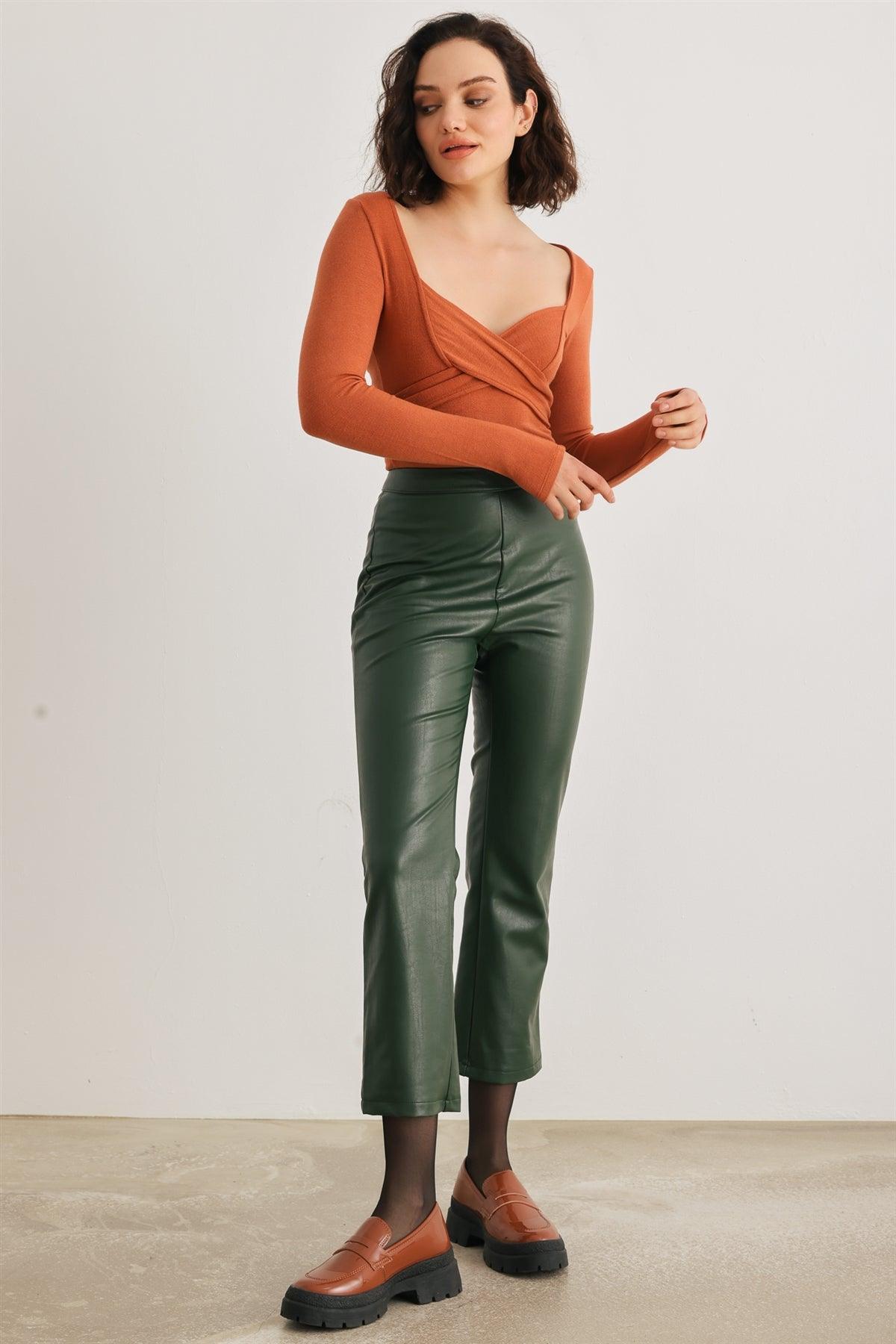 Dark Green Faux Leather High Waist Pants /1-2-2