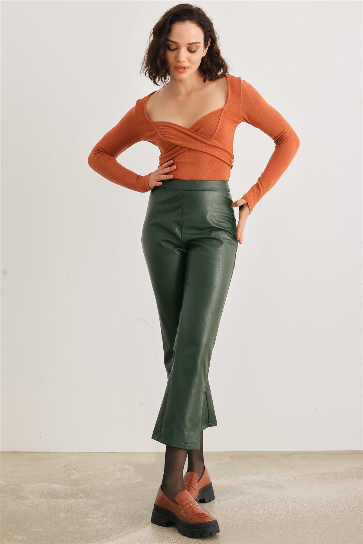 Dark Green Faux Leather High Waist Pants /1-2-2